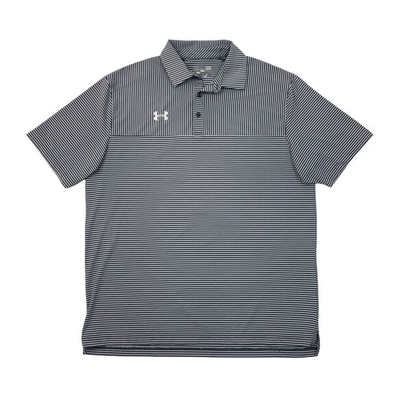 Under Armour Polo Shirt Mens L Large Ash Indigo Blue Striped Loose Short Sleeve - Picture 1 of 10